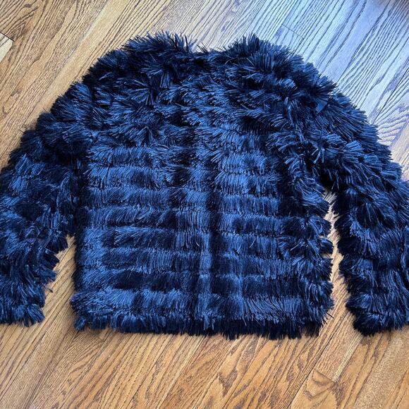 Amoli Faux Fur Coat Fuzzy Fringe Dressy Cardigan Jacket Bolero Black NEW Size L - Picture 6 of 9
